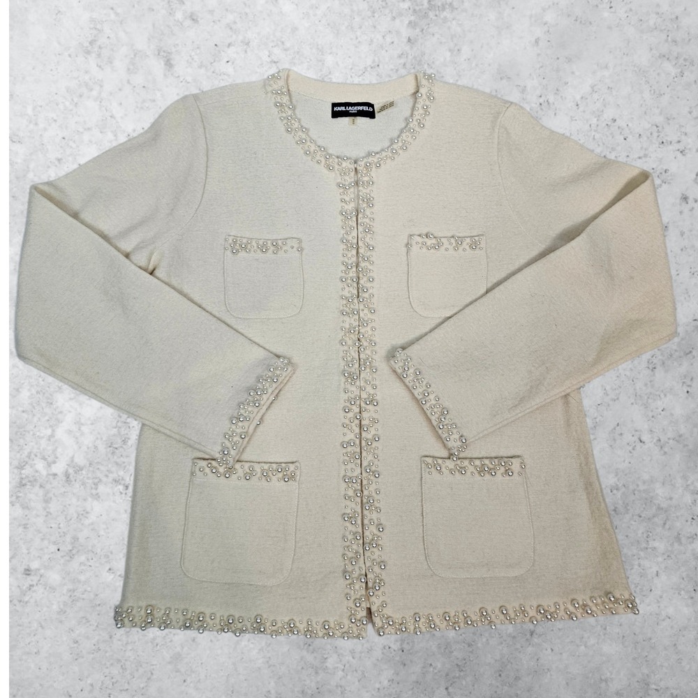 Karl Lagerfeld Paris Pearl Embellished Wool Blend Cardigan Cream Medium U28